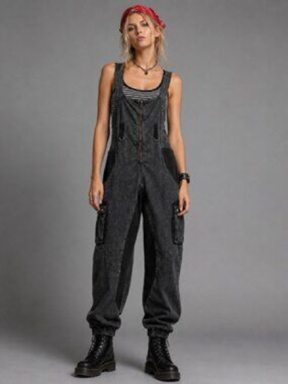 Free People Movement Cargo Jumpsuit Acid Wash Gray Utility Overalls Sz M